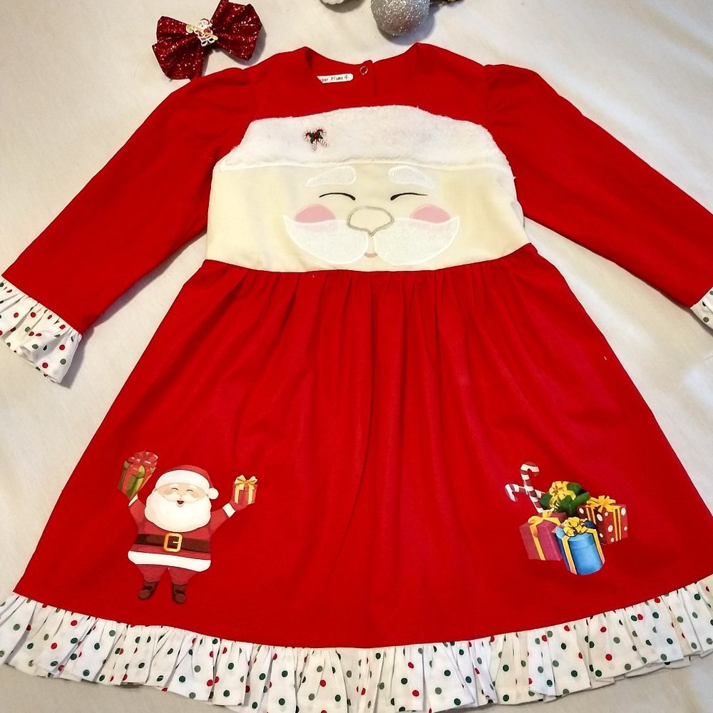 Santa Appliqued Twirl Dress & Matching Hairbow